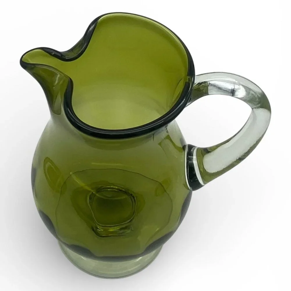 Vintage Avocado Green Art Glass Pitcher Pedestal Base Applied Handle MCM - Picture 4 of 11